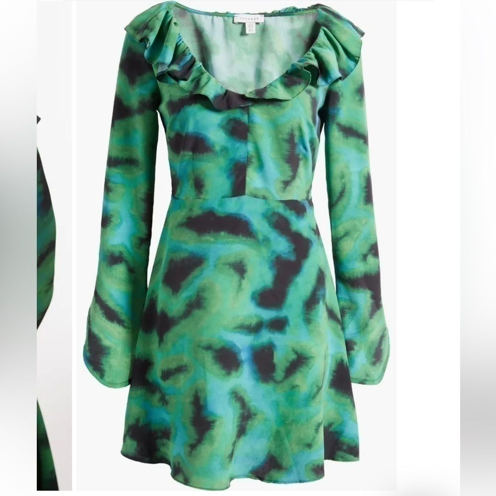Top Shop Ruffle Long‎ Sleeve green/black abstract print  Dress size 2